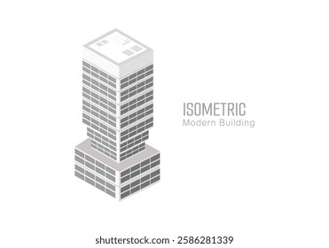 Isometric commercial and residential building. Modern architecture. Smart isometric building game assets. Business center building 3d render illustration with windows. Simple icon white colors.