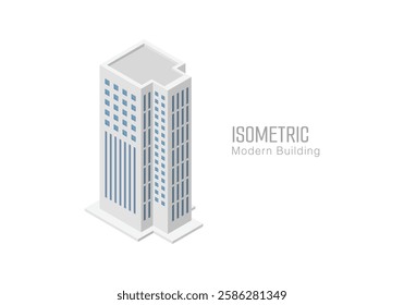 Isometric commercial and residential building. Modern architecture. Smart isometric building game assets. Business center building 3d render illustration with windows. Simple icon white colors.