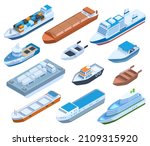 Isometric commercial sea ships, yacht, barge, cruise and sailing boats vector illustration. Water transportation isometric shipment