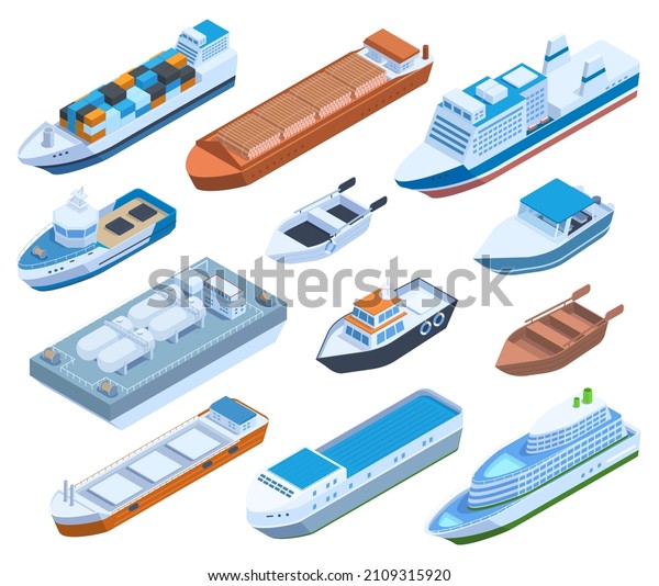 Isometric commercial sea ships, yacht, barge,\
cruise and sailing boats vector illustration. Water transportation\
isometric shipment