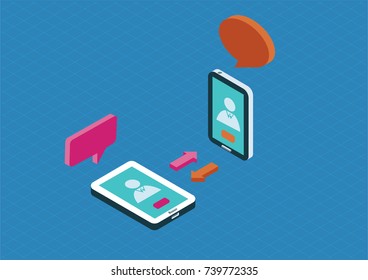 Isometric communication concept with mobile devices. Vector illustration.