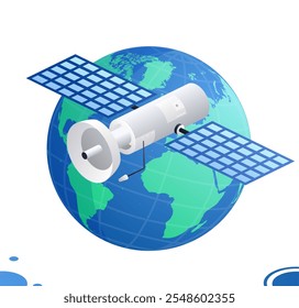 Satélite de comunicação isométrica com antena voa em órbita ao redor do globo. Objetos isolados no branco. Ilustração vetorial. Tecnologia sem fio.