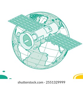 Satélite de comunicação isométrica com antena voa em órbita ao redor do globo. Objetos isolados no branco. Ilustração vetorial. Tecnologia sem fio.