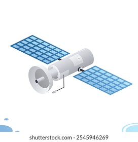 Satélite de comunicação isométrica com antena isolada em branco. Ilustração vetorial. Tecnologia sem fio.