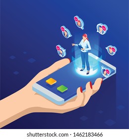 Isometric Communication support phone operator, Call center and Customer service help desk. Service desk consultant talking on a hands-free phone.