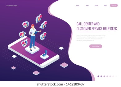 Isometric Communication support phone operator, Call center and Customer service help desk. Service desk consultant talking on a hands-free phone.