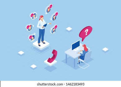 Isometric Communication support phone operator, Call center and Customer service help desk. Service desk consultant talking on a hands-free phone. Isometric Communication support phone operator, Call center and Customer service help desk. Service desk consultant talking on a hands-free phone.