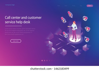 Isometric Communication support phone operator, Call center and Customer service help desk. Service desk consultant talking on a hands-free phone.