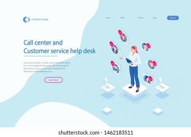 Isometric Communication support phone operator, Call center and Customer service help desk. Service desk consultant talking on a hands-free phone.