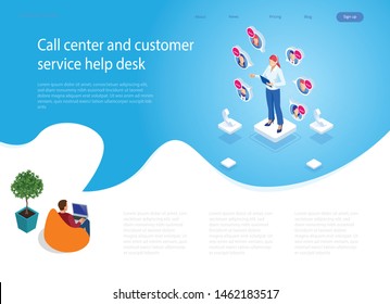 Isometric Communication support phone operator, Call center and Customer service help desk. Service desk consultant talking on a hands-free phone.