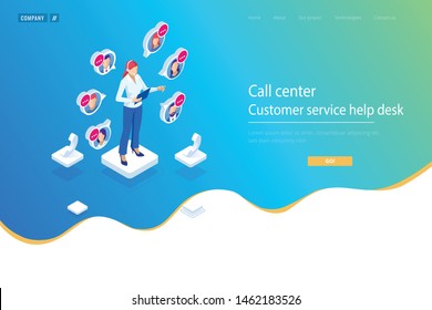 Isometric Communication support phone operator, Call center and Customer service help desk. Service desk consultant talking on a hands-free phone.