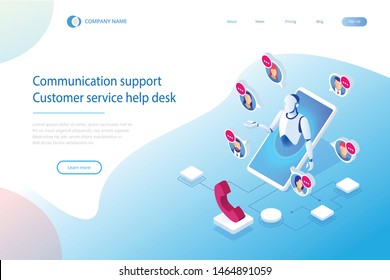 Isometric Communication support phone operator, Call center and Customer service help desk. Service desk consultant talking on a hands-free phone.