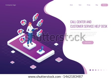Isometric Communication support phone operator, Call center and Customer service help desk. Service desk consultant talking on a hands-free phone.