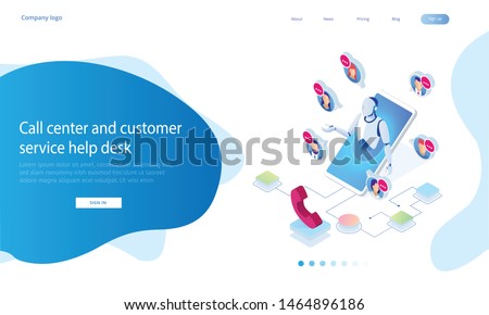 Isometric Communication support phone robot ai operator, Call center and Customer service help desk. Service desk consultant talking on a hands-free phone.