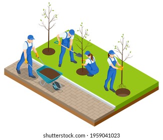 Isometric Community Work Day. Environment Protection Concept. Group Volunteer People Planting Trees In City Park. People Plant Fruit Trees