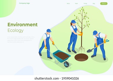 Isometric Community Work Day. Environment Protection Concept. Group Volunteer People Planting Trees in City Park. People plant fruit trees