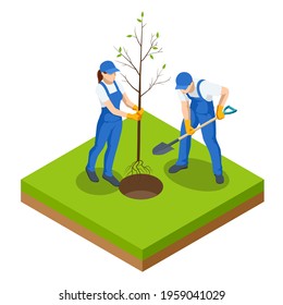 Isometric Community Work Day. Environment Protection Concept. Group Volunteer People Planting Trees In City Park. People Plant Fruit Trees