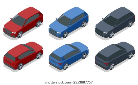 Isometric Compact crossover, SUV, 5-door station wagon car. Template vector isolated. Off-road write car Modern VIP transport.