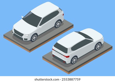 Isometric Compact crossover, SUV, 5-door station wagon car. Template vector isolated. Off-road write car Modern VIP transport.