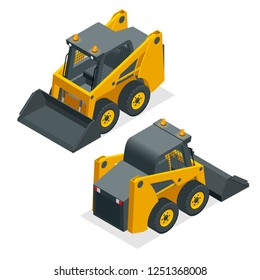 Isometric Compact Excavators. Orange wheel Steer Loader isolated on a white background