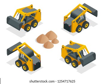 Isometric Compact Excavators. Orange wheel Steer Loader isolated on a white background