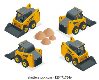 Isometric Compact Excavators. Orange wheel Steer Loader isolated on a white background