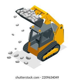 Isometric Compact Excavators. Yellow Skid Steer Loader.