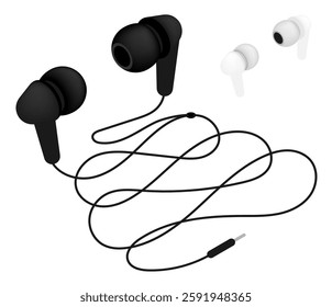 Isometric compact wired earphones with wire and volume control. Gadget accessories for music listening and casual communication. Realistic 3D vector isolated on white background
