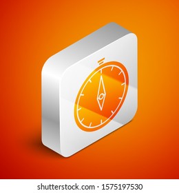 Isometric Compass icon isolated on orange background. Windrose navigation symbol. Wind rose sign. Silver square button. Vector Illustration