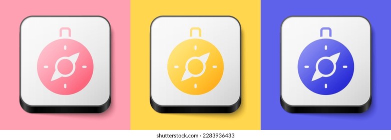 Isometric Compass icon isolated on pink, yellow and blue background. Windrose navigation symbol. Wind rose sign. Square button. Vector