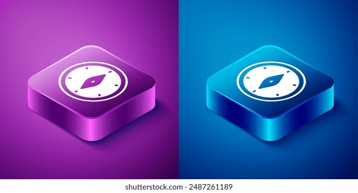 Isometric Compass icon isolated on blue and purple background. Windrose navigation symbol. Wind rose sign. Square button. Vector