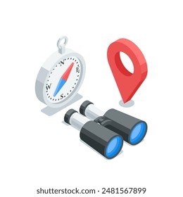 isometric compass and location icon and binoculars, in color on a white background, the right direction or finding a location and business vision