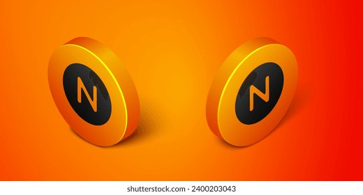 Isometric Compass north icon isolated on orange background. Windrose navigation symbol. Wind rose sign. Orange circle button. Vector