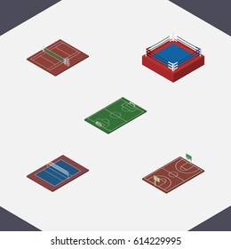 Isometric Competition Set Of B-Ball, Soccer, Tennis And Other Vector Objects. Also Includes Boxing, Volleyball, Playground Elements.