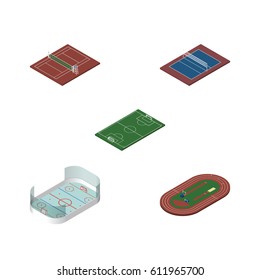 Isometric Competition Set Of Ice Games, Tennis, Volleyball And Other Vector Objects. Also Includes Football, Soccer, Stadium Elements.
