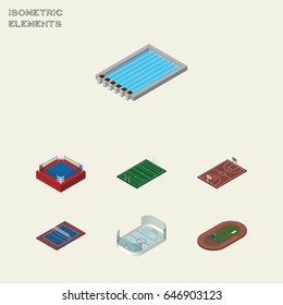 Isometric Competition Set Of Run Stadium, Basin, Ice Games And Other Vector Objects. Also Includes Tennis, B-Ball, Swimming Elements.