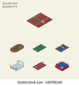Isometric Competition Set Of Tennis, Ice Games, Soccer And Other Vector Objects. Also Includes Fighting, Field, Run Elements.
