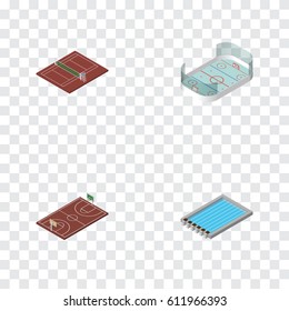 Isometric Competition Set Of Volleyball, Ice Games, Basin And Other Vector Objects. Also Includes Ice, Hockey, Tennis Elements.