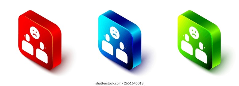 Icono de relación complicada isométrica aislado sobre fondo blanco. Mala comunicación. Colega relación complicada. Botón cuadrado rojo, azul y verde. Vector