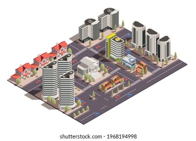 Isometric composition with 3d view of modern city streets on white background vector illustration