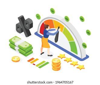 Isometric composition with 3d woman money and credit score indication meter on white background vector illustration