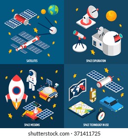 Isometric composition abot space exploration with different equipment with dark background vector illustration