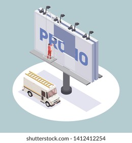 Isometric composition with advertising agency worker changing billboard 3d vector illustration