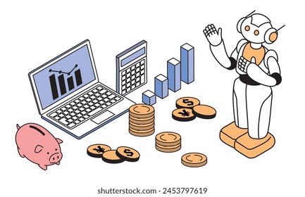 Composición isométrica AI robot y la ilustración de Imagen de inversión Robo advisor