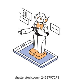 Composición isométrica AI robot y smartphone ilustración