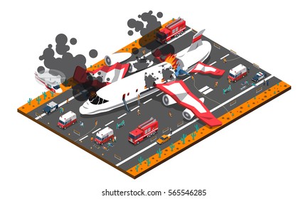 Isometric composition with airplane crash on roadway and rescue service including police ambulance fire brigade vector illustration