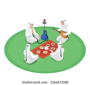 Isometric composition with arab people smoking hookah eating and playing musical instrument 3d vector illustration