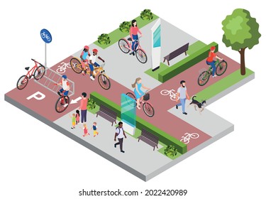 Isometric composition with bicycle parking people walking and cycling along bike lanes 3d vector illustration