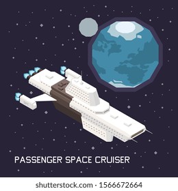 Isometric composition with big space ship transporting passengers 3d vector illustration