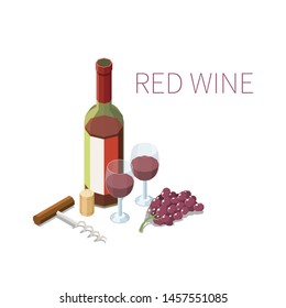 Isometric composition with bottle and two glasses of red whine bunch of grapes and corkscrew on white background 3d vector illustration